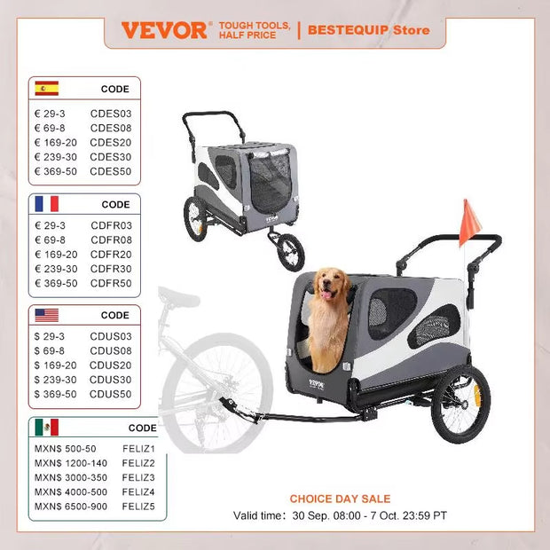 100 lbs Dog Bike Trailer and 2-in-1 Pet Stroller Cart - Easy Folding Bicycle Carrier with Coupler, Reflectors, and Flag for Dogs